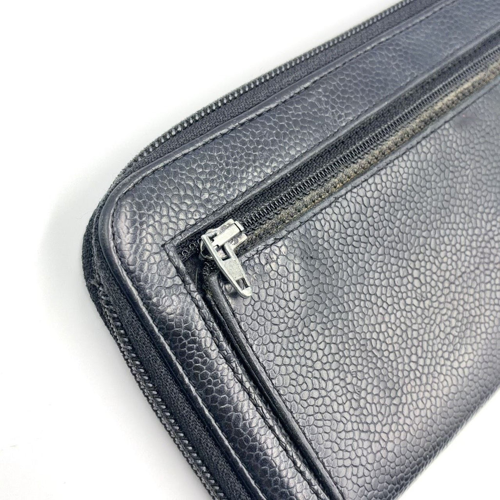 Chanel CC Logo Caviar Leather Zip Around Black Wallet Gold — view 6