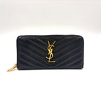 Saint Laurent Paris YSL Logo Monogram Matelasse Stitch Leather Black Round Zip