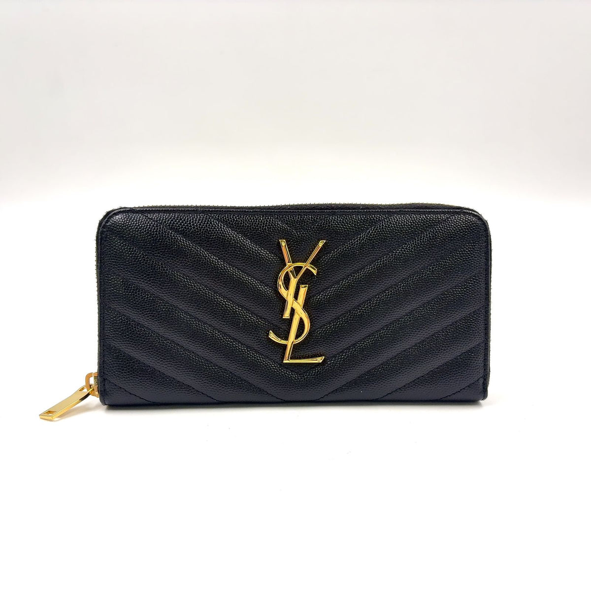 Saint Laurent Paris YSL Logo Monogram Matelasse Stitch Leather Black Round Zip