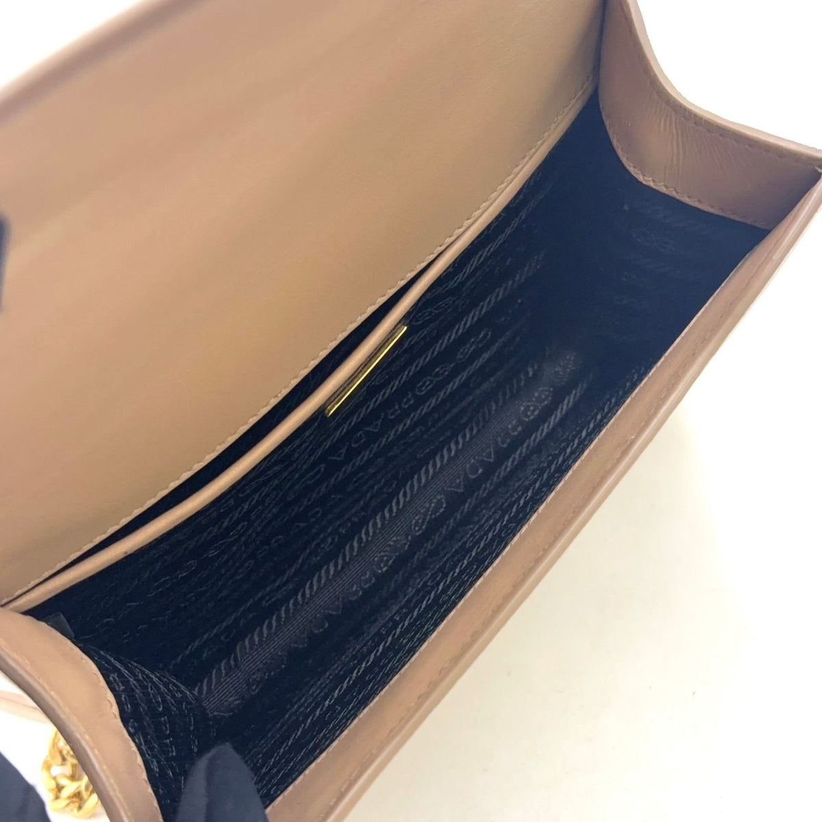 Prada Triangle Logo Saffiano Leather Beige Chain Shoulder Bag Gold — view 3