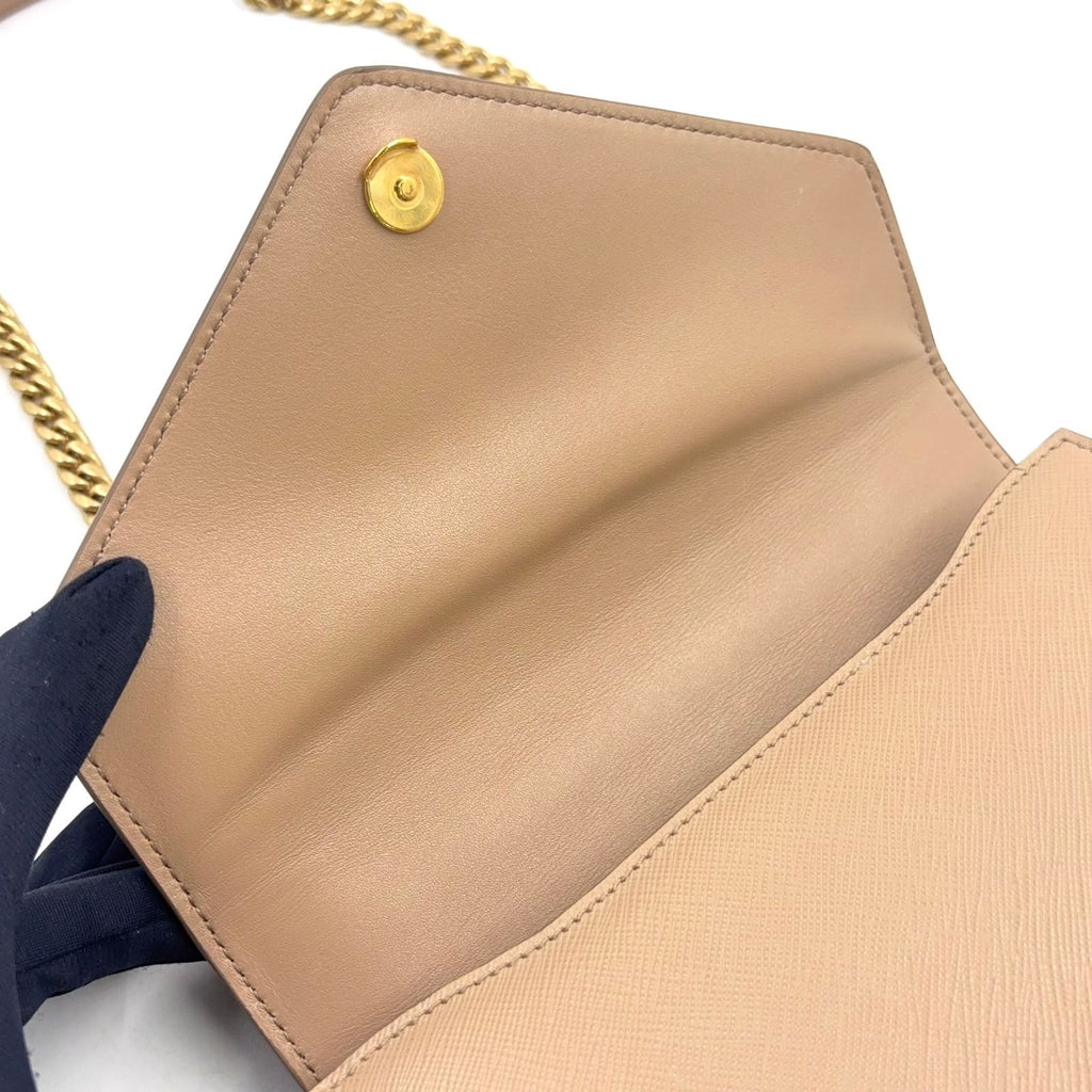 Prada Triangle Logo Saffiano Leather Beige Chain Shoulder Bag Gold — view 8