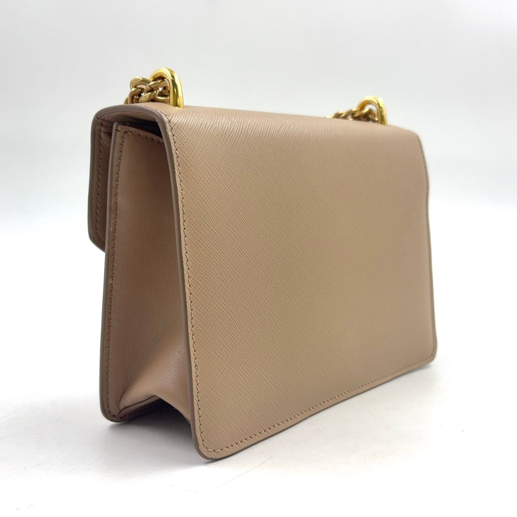Prada Triangle Logo Saffiano Leather Beige Chain Shoulder Bag Gold — view 2