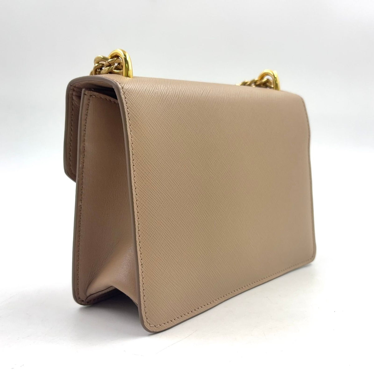 Prada Triangle Logo Saffiano Leather Beige Chain Shoulder Bag Gold — view 2
