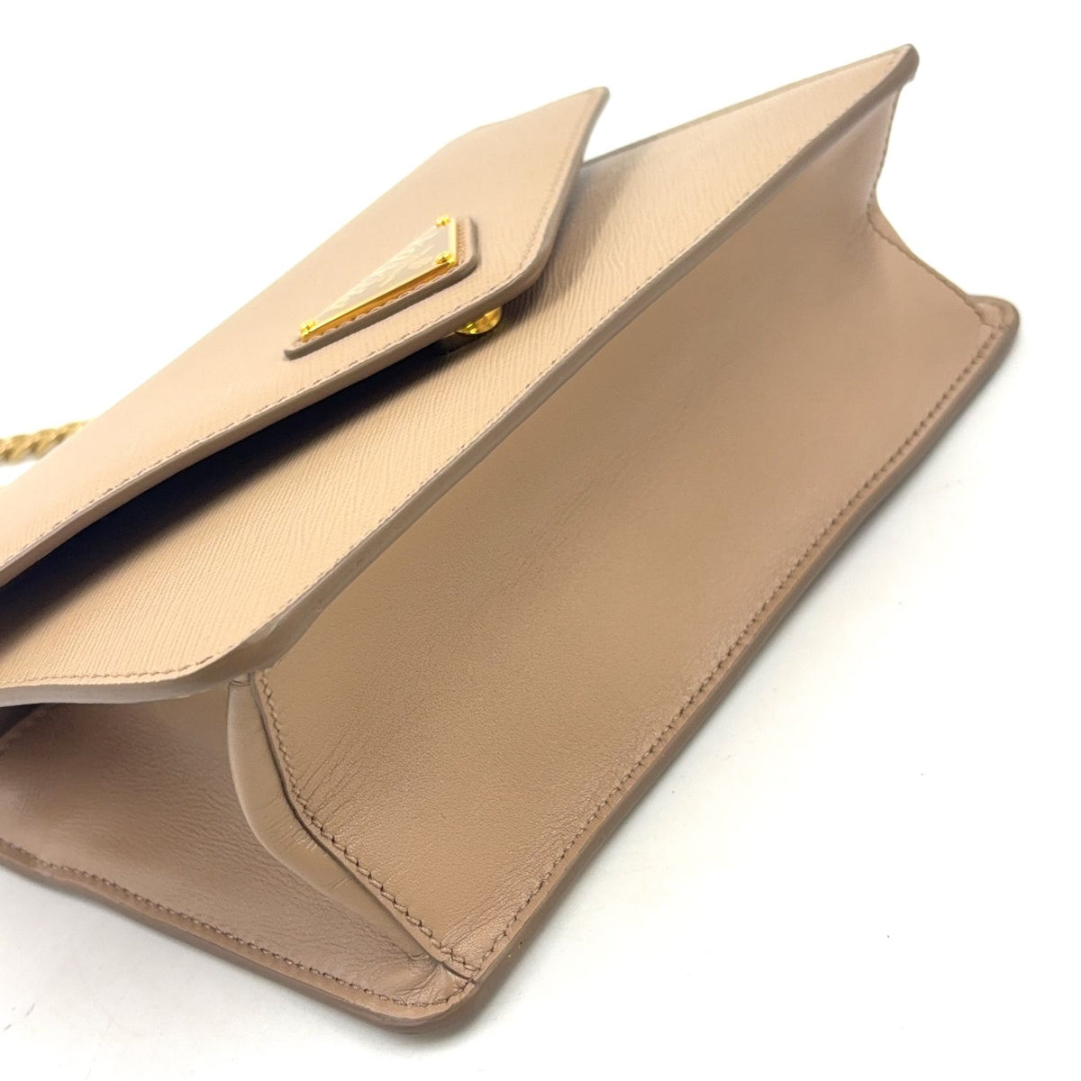 Prada Triangle Logo Saffiano Leather Beige Chain Shoulder Bag Gold — view 5