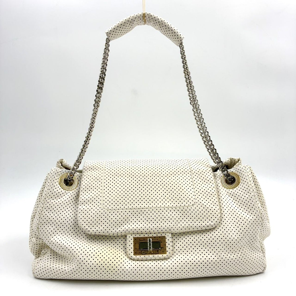 Chanel Perforated Leather White Shoulder Bag Silver