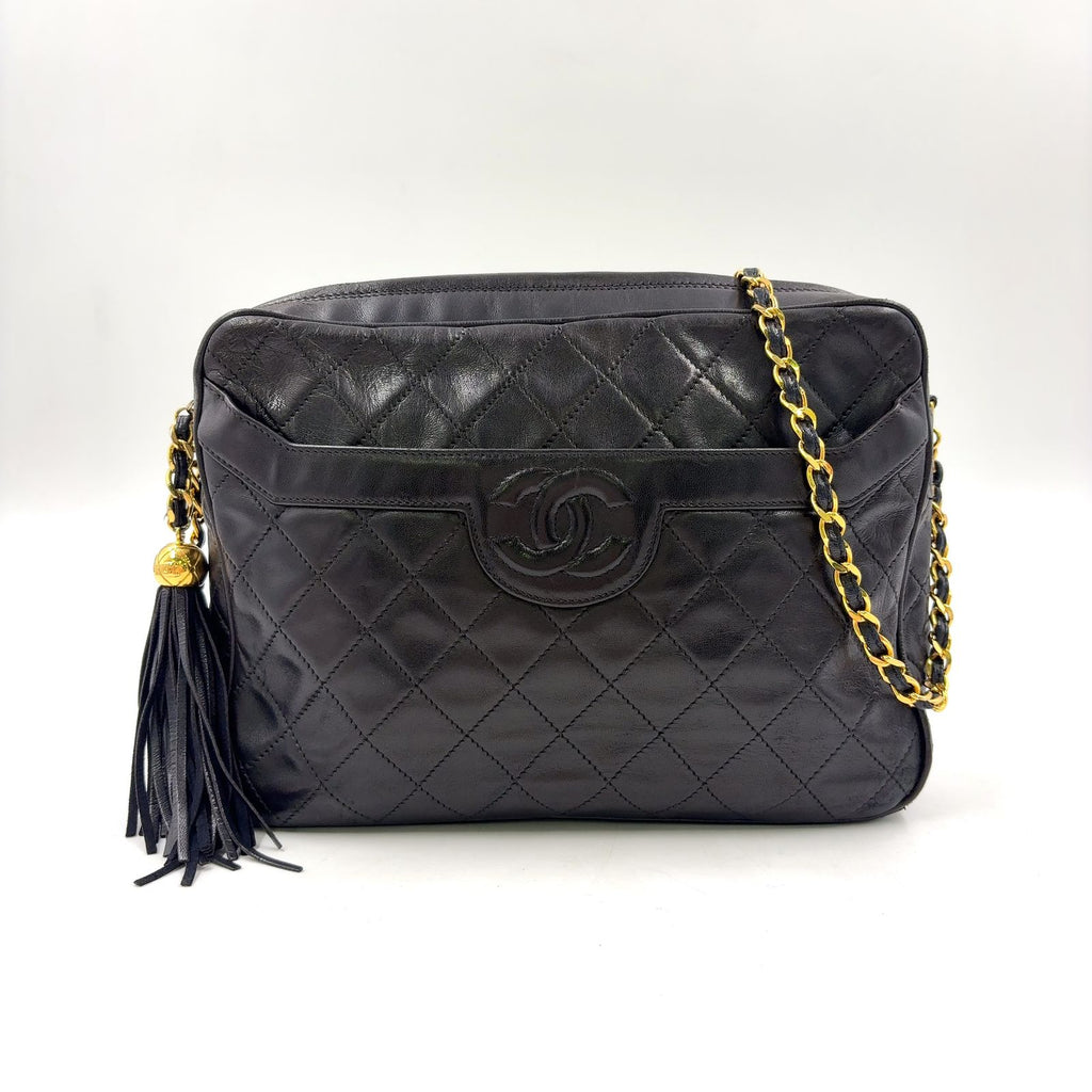 Chanel CC Logo Quilted Fringe Leather Black Chain Shoulder Bag Gold