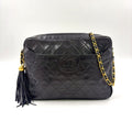 Chanel CC Logo Quilted Fringe Leather Black Chain Shoulder Bag Gold