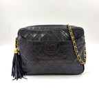 Chanel CC Logo Quilted Fringe Leather Black Chain Shoulder Bag Gold