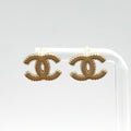 Chanel CC Logo Stud Enamel Gold Beige Earrings