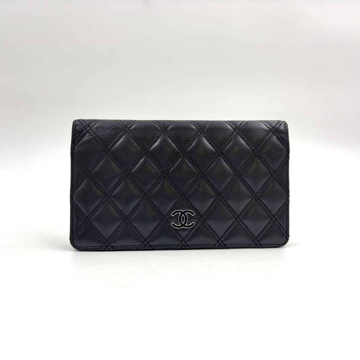 Chanel Quilted Lambskin Black Bifold Wallet Silver