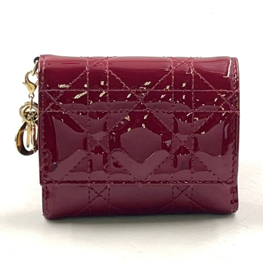Dior Lady Lotus Wallet Patent Leather Red Trifold Gold