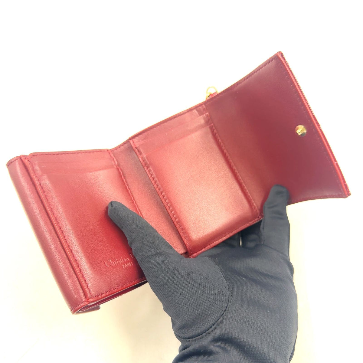 Dior Lady Lotus Wallet Patent Leather Red Trifold Gold — view 3