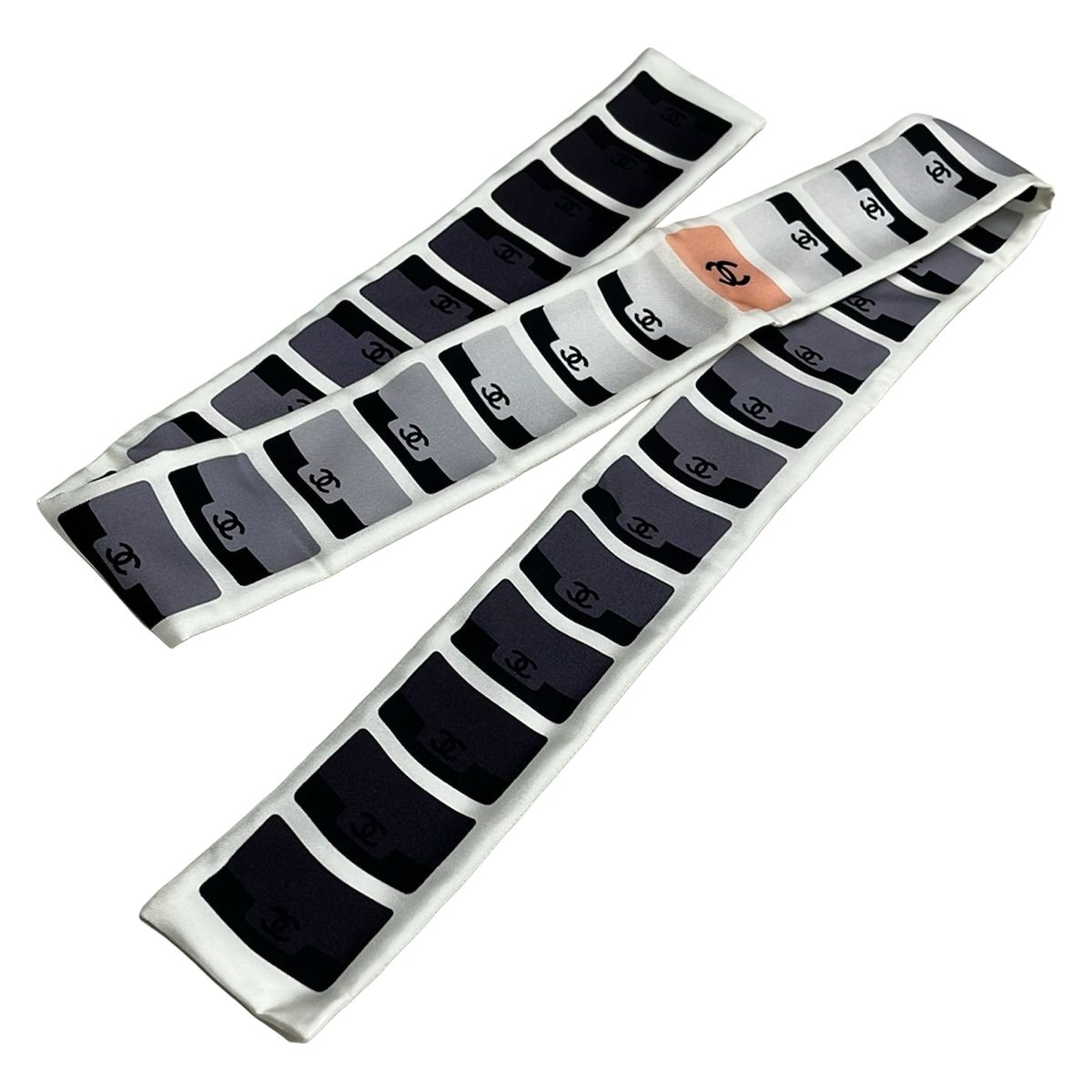 Chanel Scarf Ivory Pink Gray Ribbon — view 4