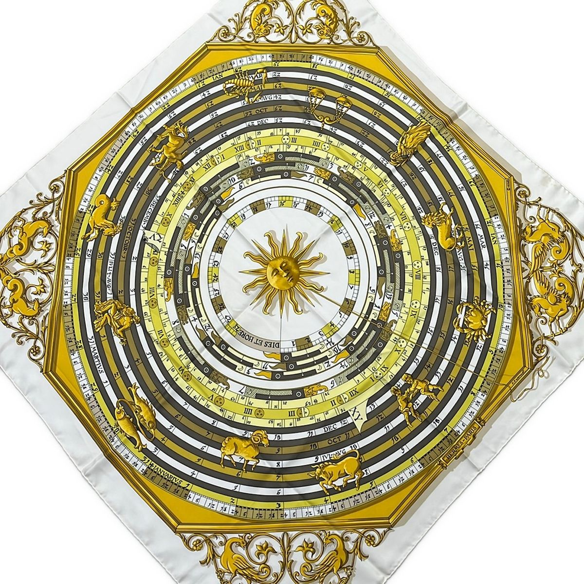 Hermes Scarf Yellow White Gold Astrology Silk