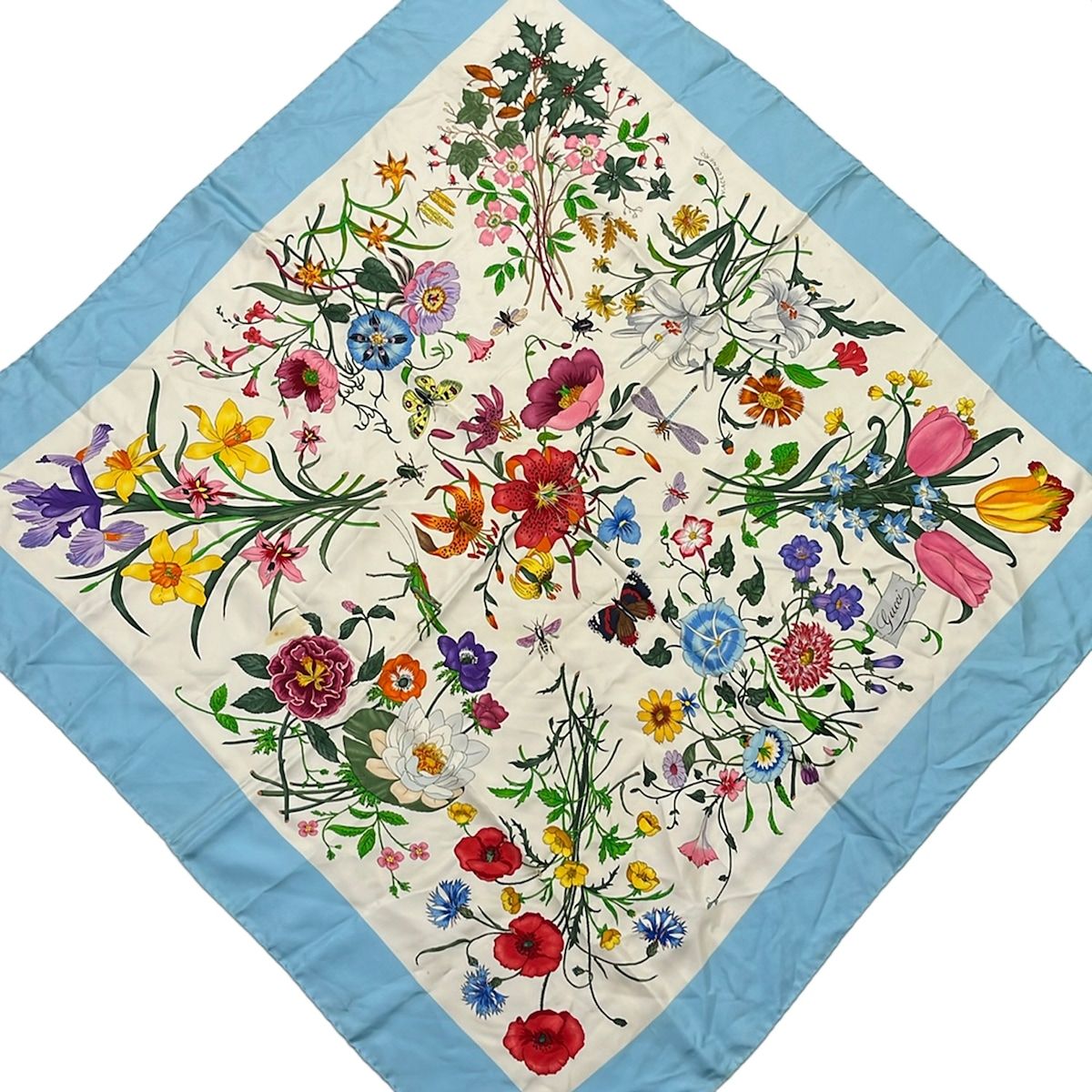 Gucci Scarf Light Blue Green Multi Floral Pattern
