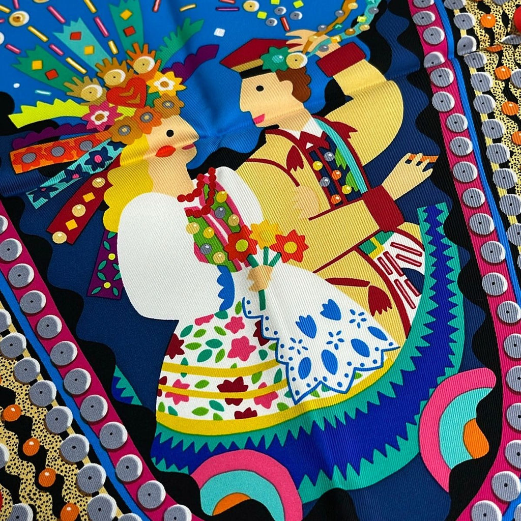 Hermes Scarf Carre 90 Blue Black Multi Costume de Fete — view 4