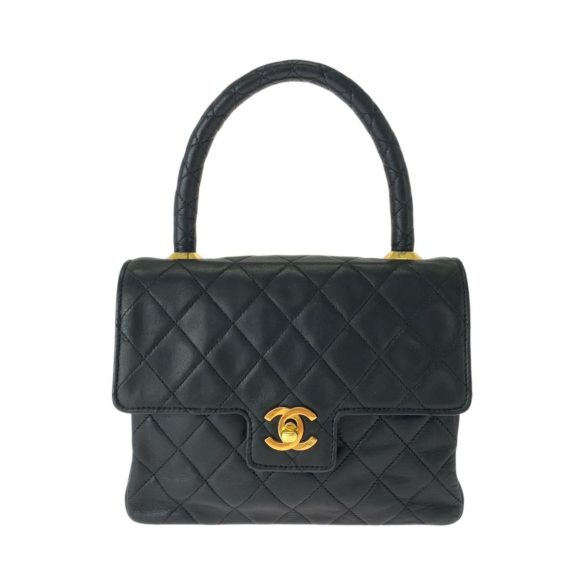 Chanel Vintage Quilted CC Logo Turnlock Black Gold Lambskin Handbag