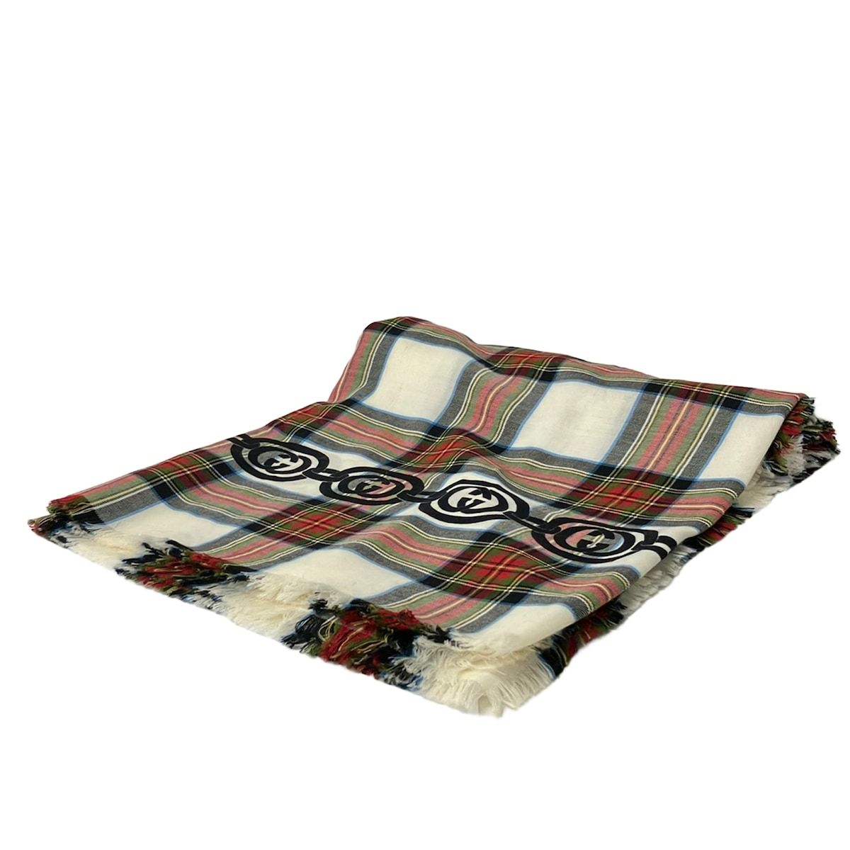 Gucci Shawl Red Ivory Black Plaid Wool Scarf