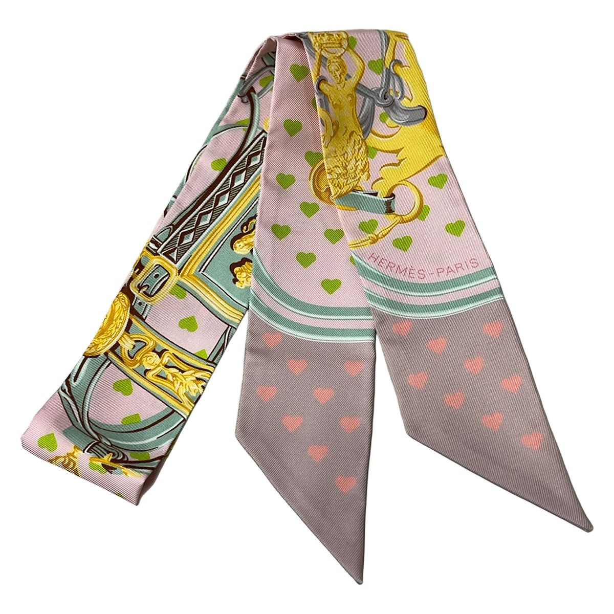 Hermes Scarf Twilly Light Pink Light Green Multi Ribbon Heart