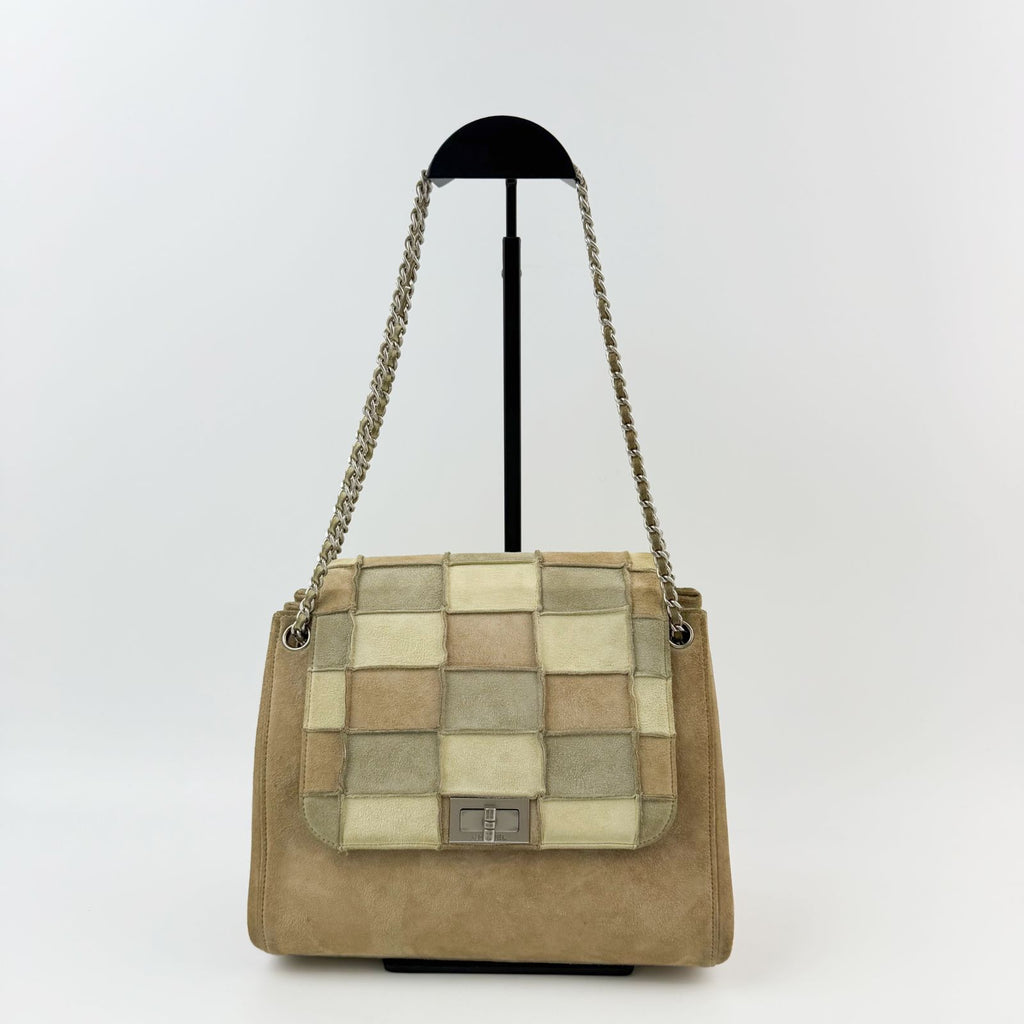 Chanel Patchwork Turnlock 2.55 Chain Shoulder Bag Suede Brown Beige Khaki