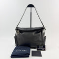 Chanel CC Logo Side Pocket Charm Chain Shoulder Bag Leather Black Silver Seal