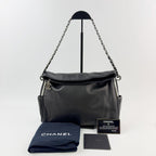 Chanel CC Logo Side Pocket Charm Chain Shoulder Bag Leather Black Silver Seal
