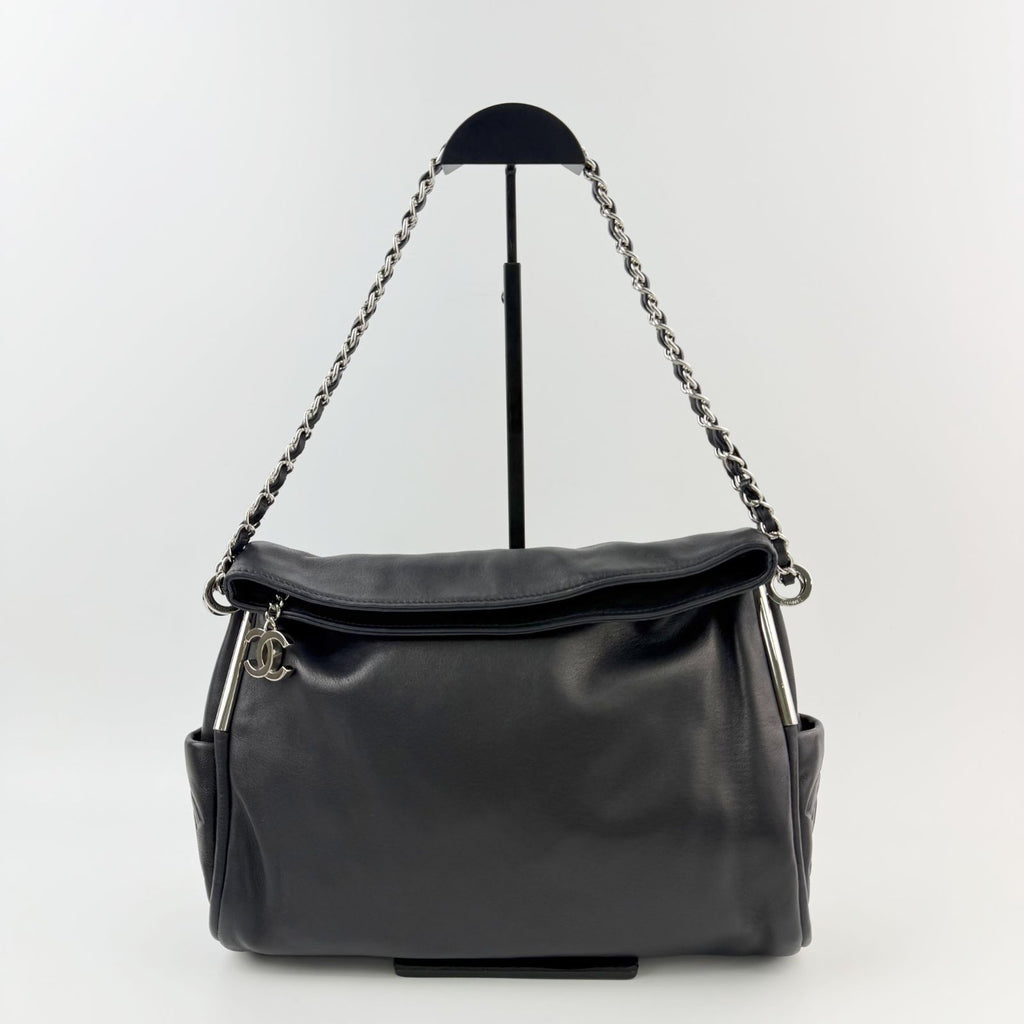 Chanel CC Logo Side Pocket Charm Chain Shoulder Bag Leather Black Silver Seal — view 2