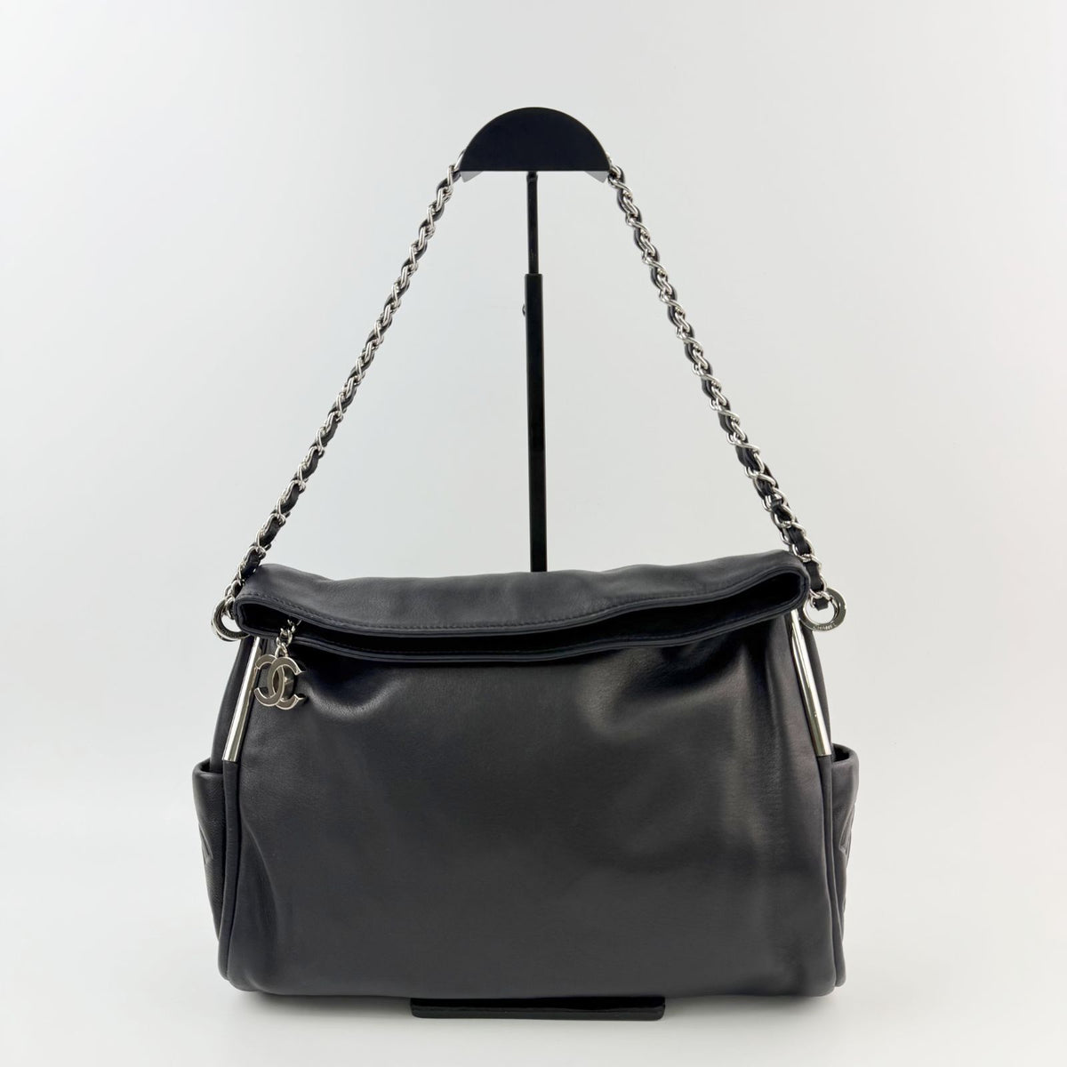 Chanel CC Logo Side Pocket Charm Chain Shoulder Bag Leather Black Silver Seal — view 2