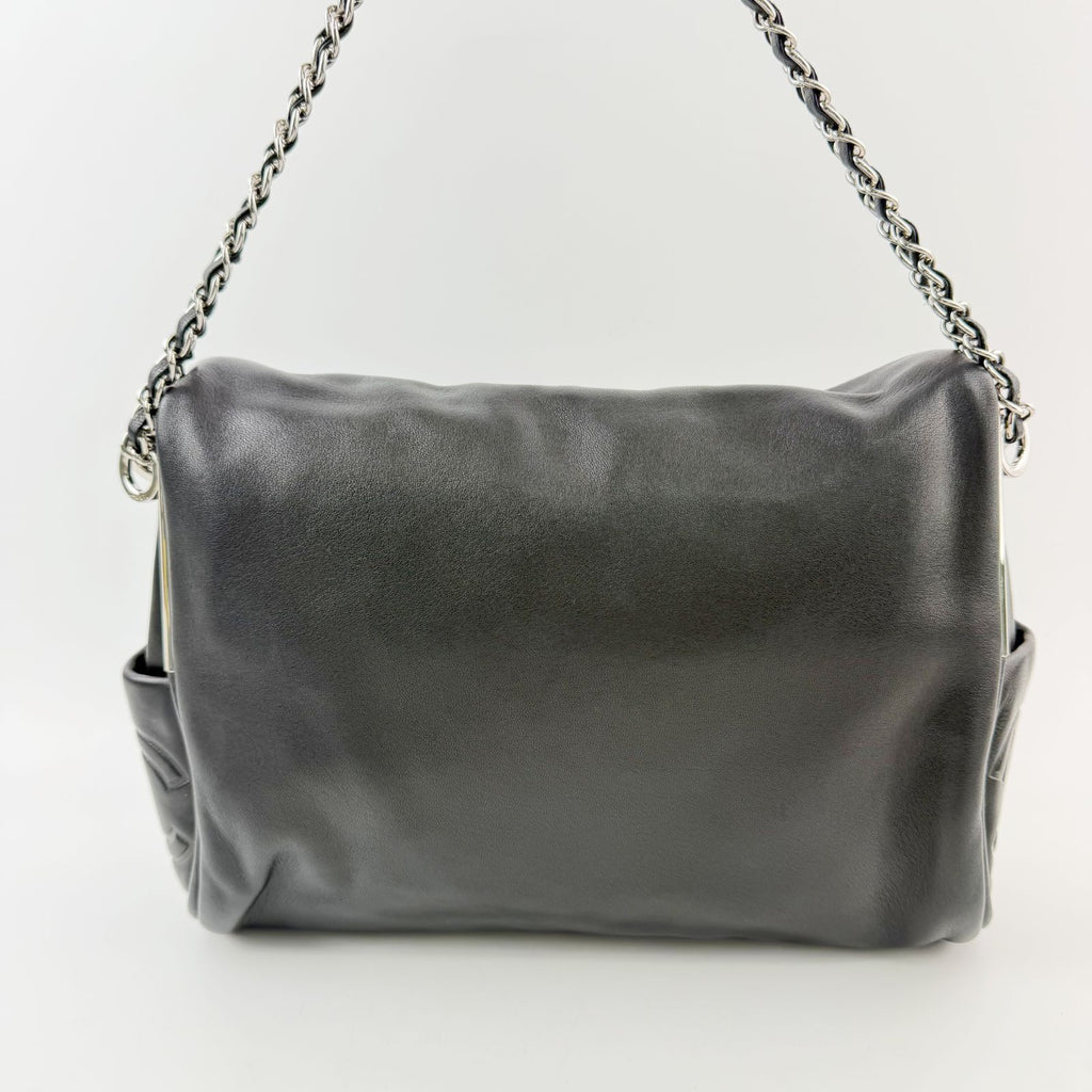 Chanel CC Logo Side Pocket Charm Chain Shoulder Bag Leather Black Silver Seal — view 3