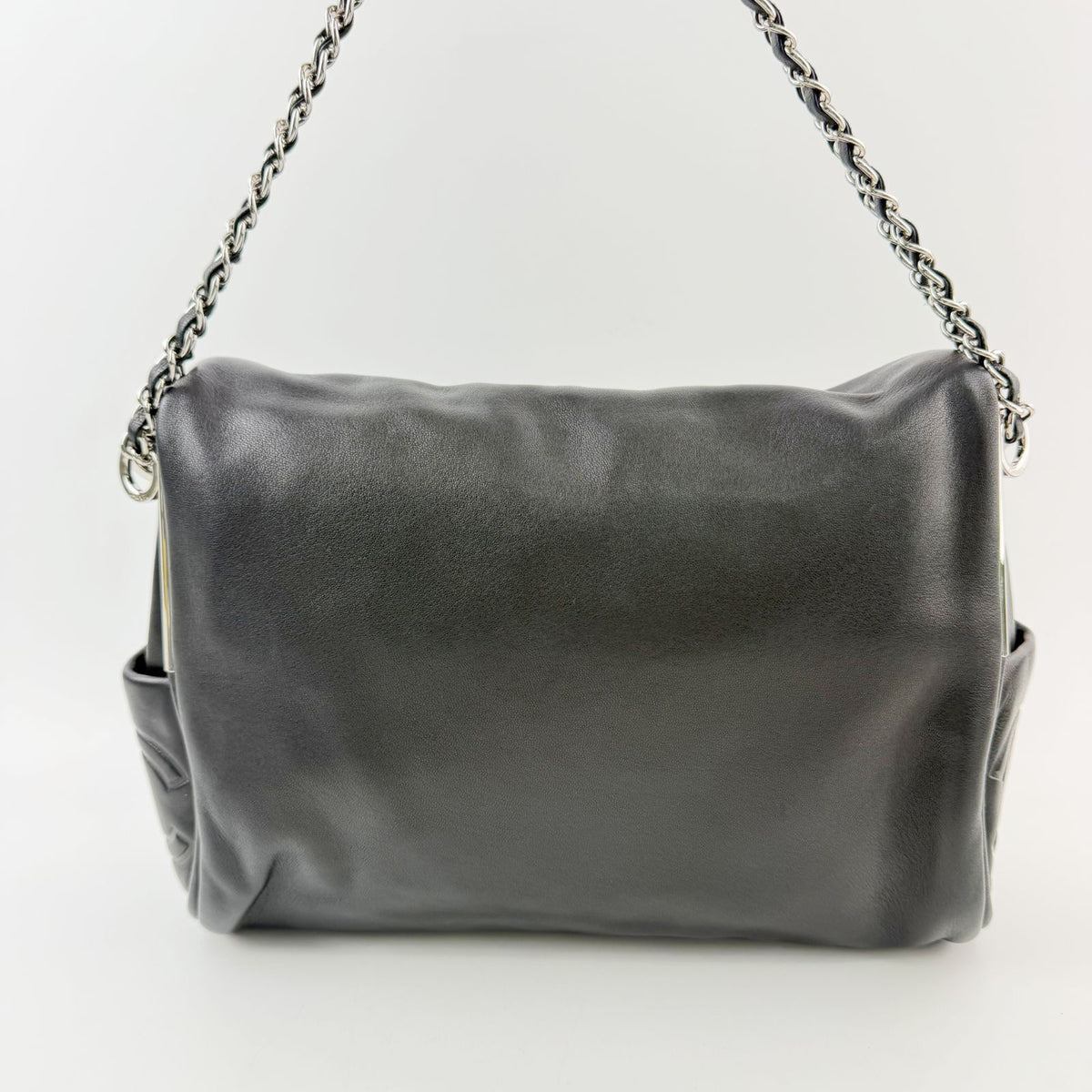 Chanel CC Logo Side Pocket Charm Chain Shoulder Bag Leather Black Silver Seal — view 3
