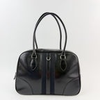 Prada Bowling Triangle Logo Side Line Shoulder Bag Leather Black Silver Vintage