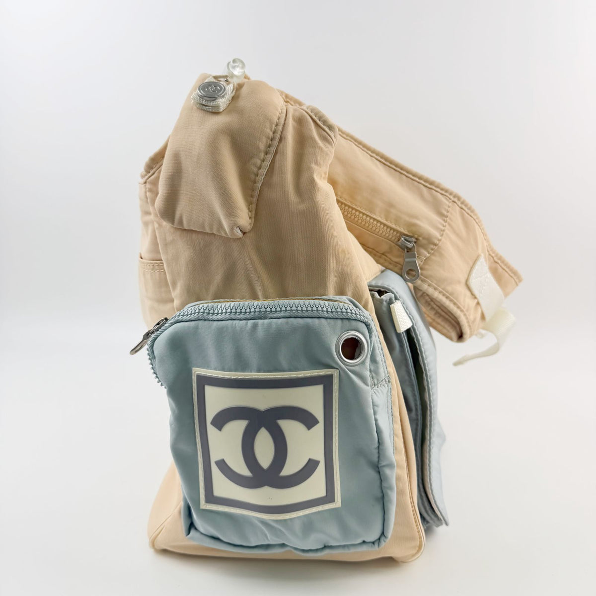 Chanel Sports Line CC Logo Multi Pocket Shoulder Bag Nylon Beige Light Blue — view 3