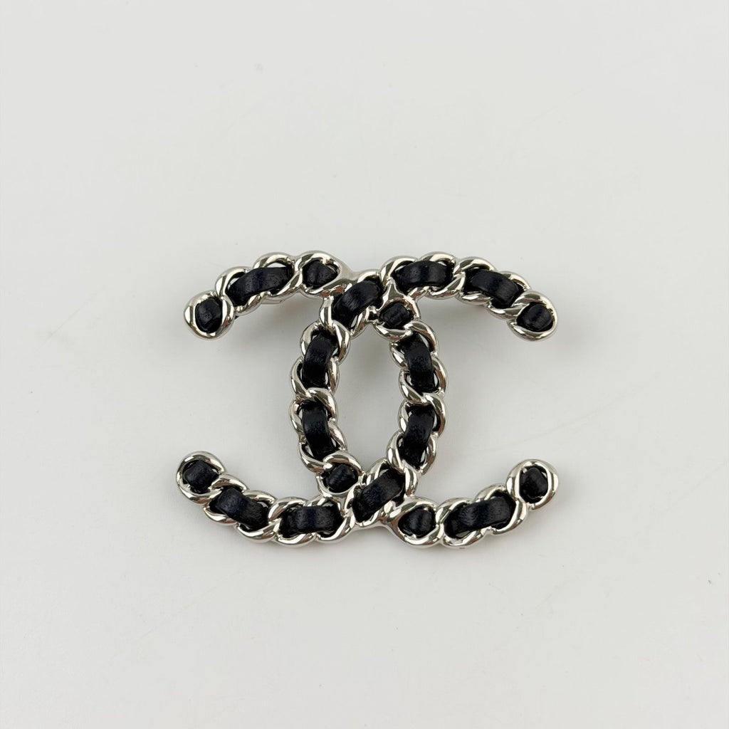 Chanel CC Logo Leather Braided Chain Brooch Plated Silver Black Vintage