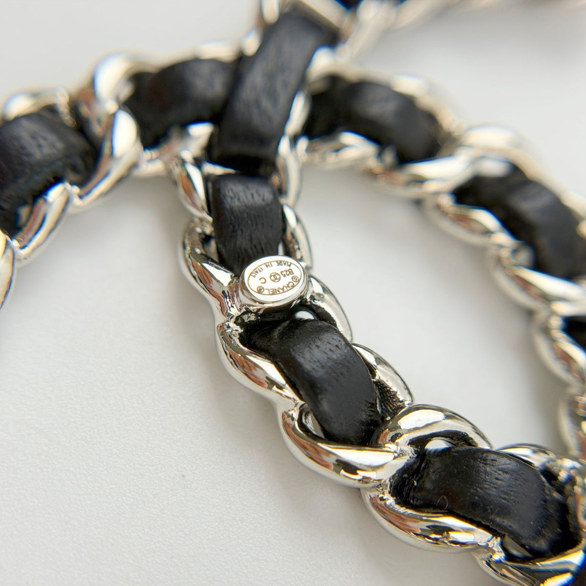 Chanel CC Logo Leather Braided Chain Brooch Plated Silver Black Vintage — view 8