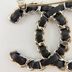 Chanel CC Logo Leather Braided Chain Brooch Plated Silver Black Vintage — view 5