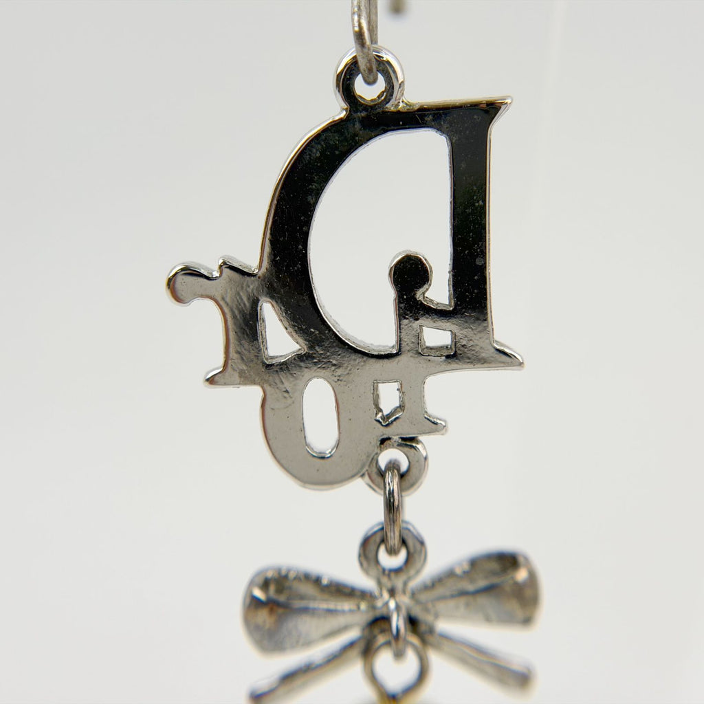 Dior Logo Ribbon Pearl Swing Earrings Plated Silver Ivory Clear Vintage — view 8