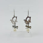 Dior Logo Ribbon Pearl Swing Earrings Plated Silver Ivory Clear Vintage — view 3