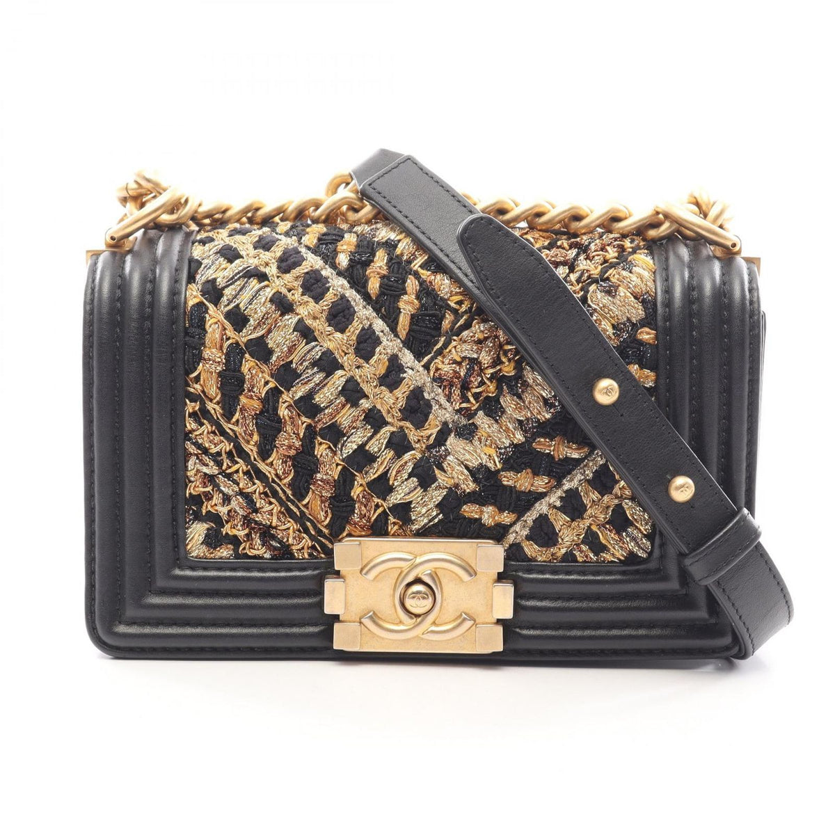 Chanel Shoulder Bag Boy Small Black Gold Lambskin V-stitch Chain