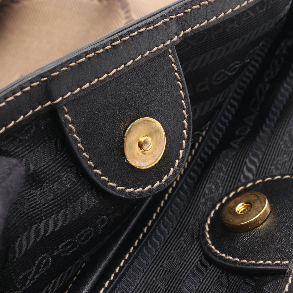 Prada Tote Bag Logo Jacquard Beige Black Canvas Leather — view 8