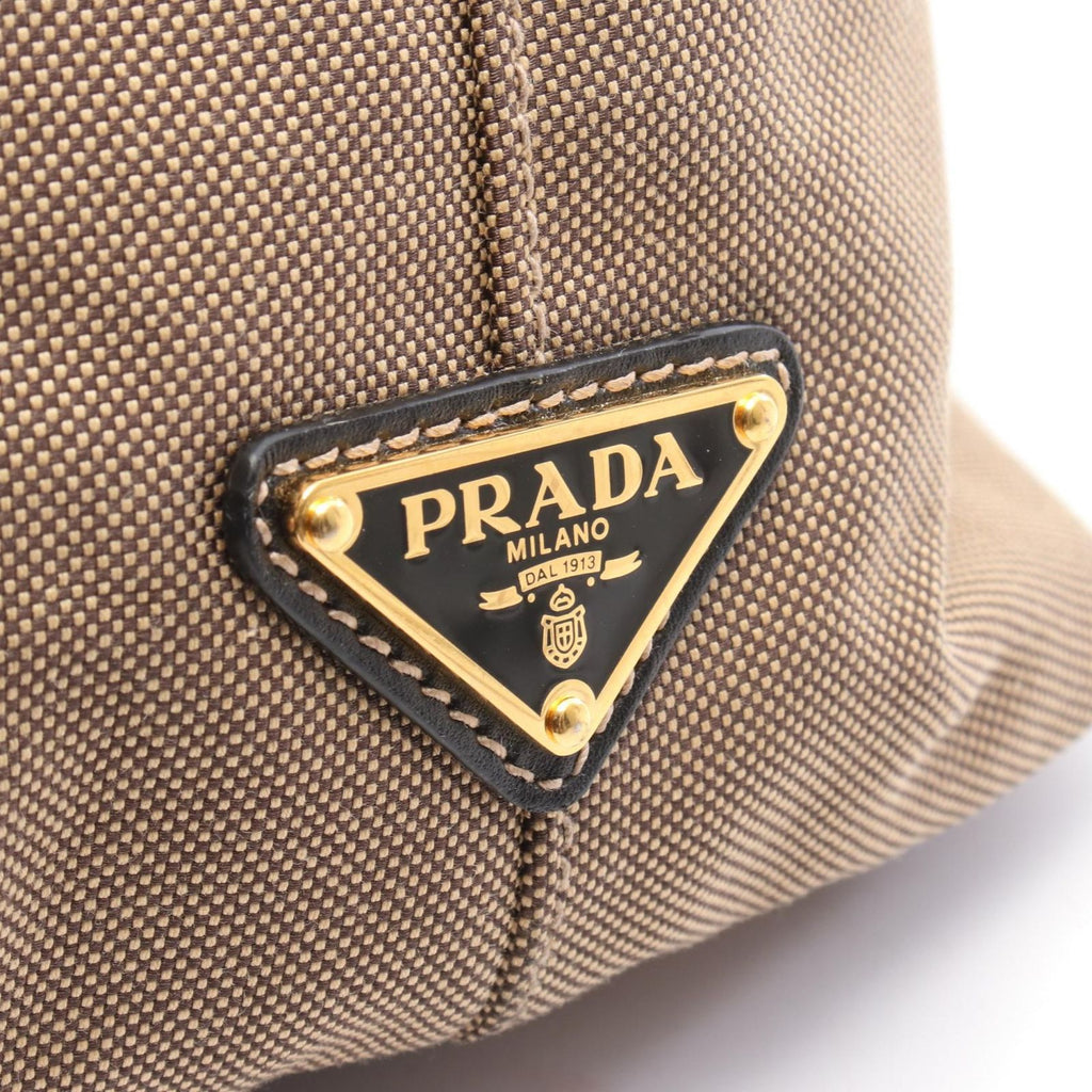 Prada Tote Bag Logo Jacquard Beige Black Canvas Leather — view 5