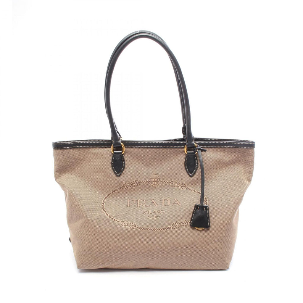 Prada Tote Bag Logo Jacquard Beige Black Canvas Leather
