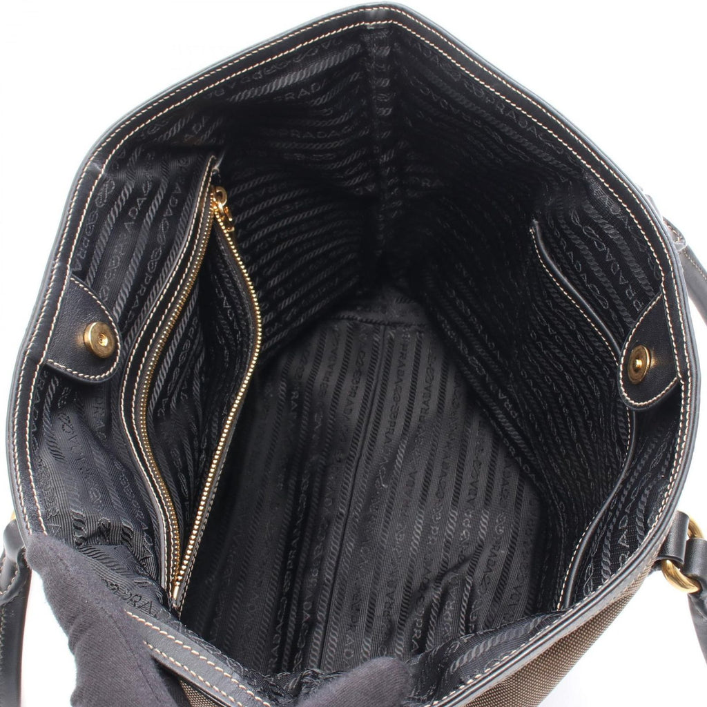 Prada Tote Bag Logo Jacquard Beige Black Canvas Leather — view 3