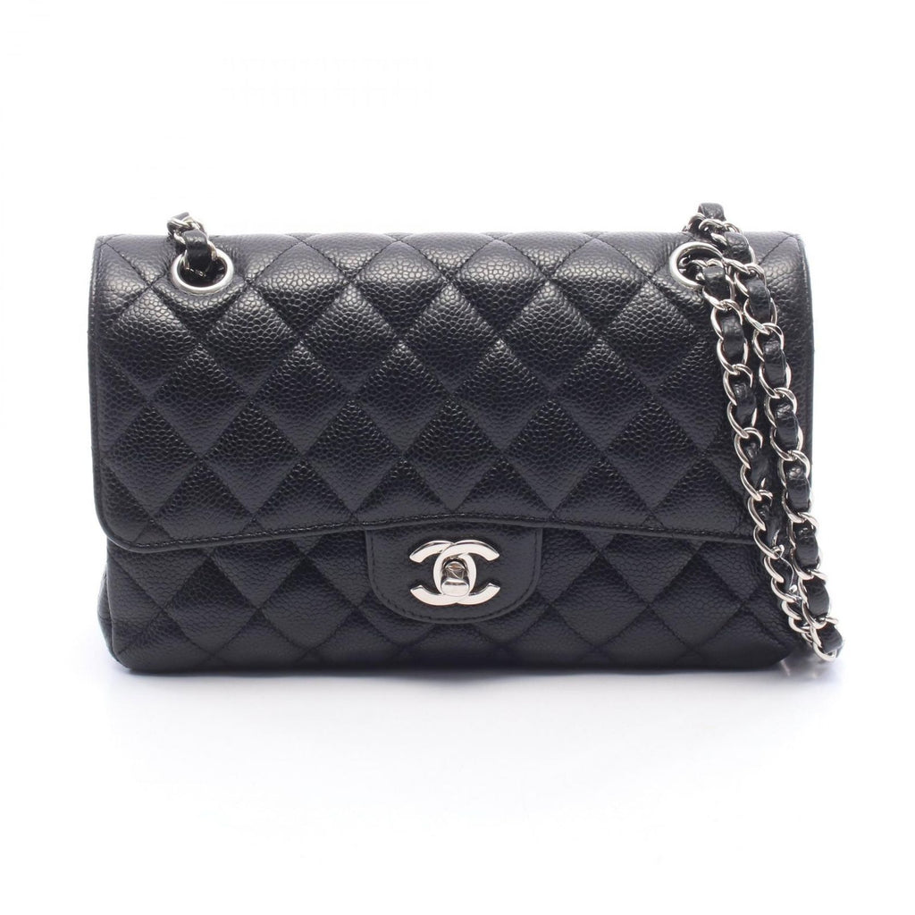 Chanel Shoulder Bag Quilted Double Flap Black Caviar Leather Chain