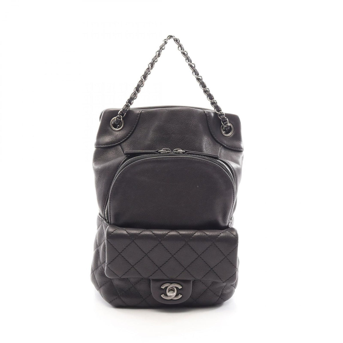 Chanel Backpack Quilted Chain Antique Silver 2-Way Black Leather