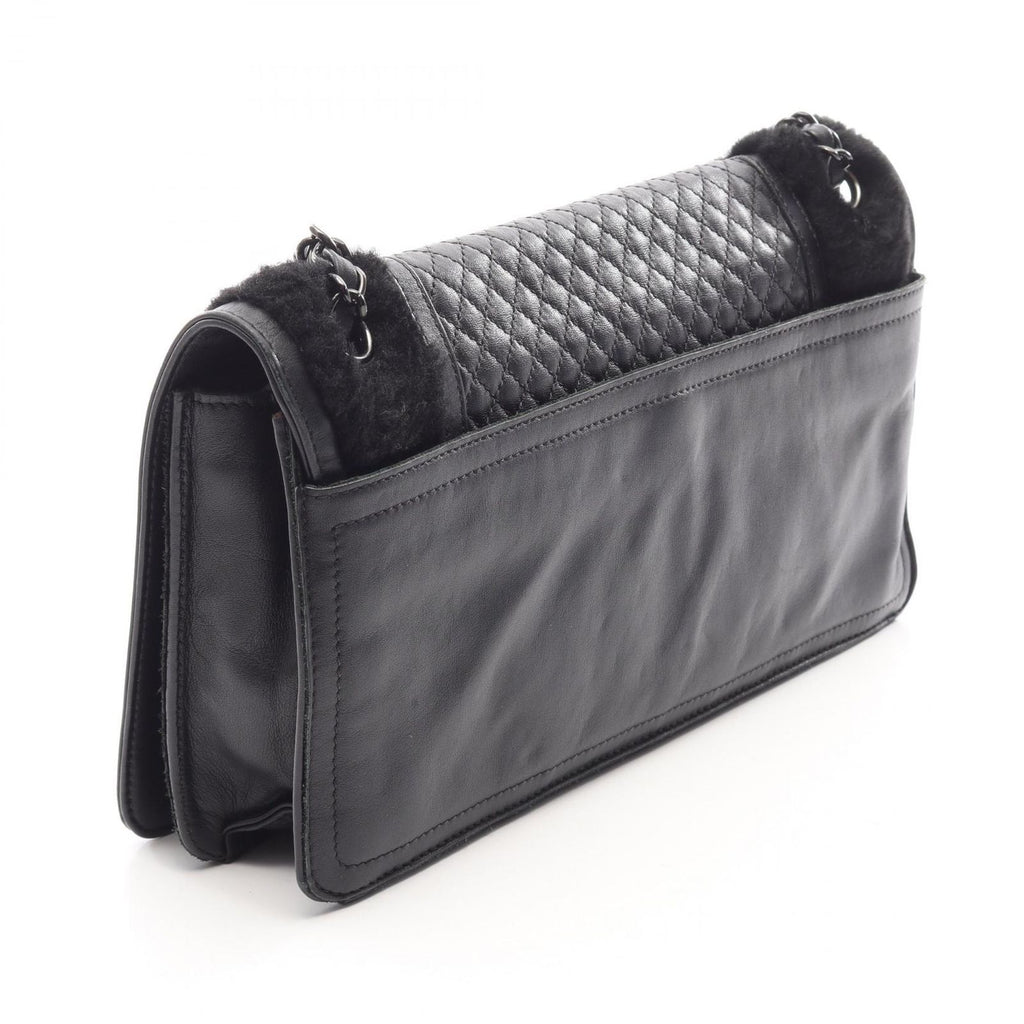 Chanel Shoulder Bag Quilted Black Shearling Leather CC Logo Full Flap Chain — view 2