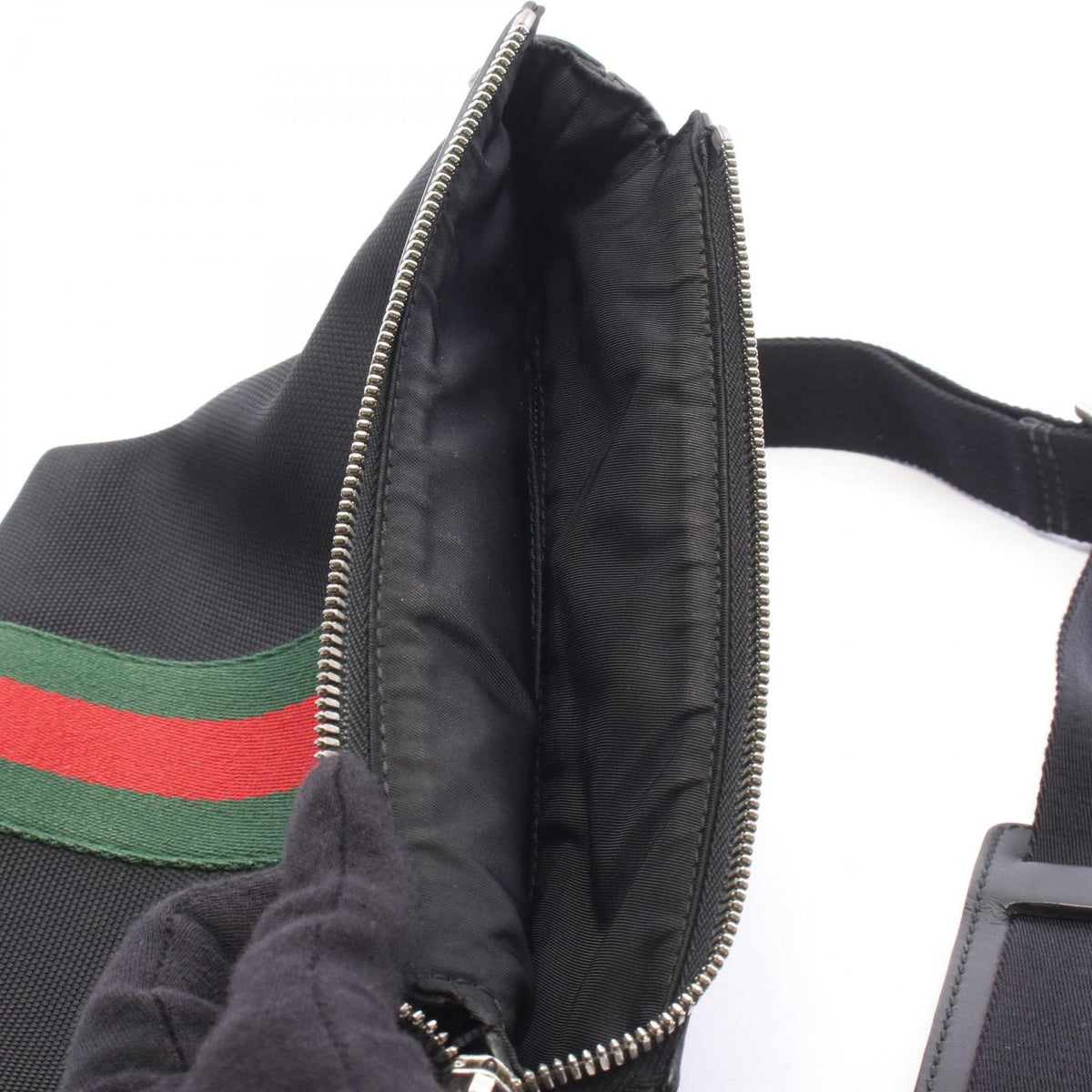 Gucci Shoulder Bag Web Stripe Flat Messenger Black Leather Sherry Line — view 8