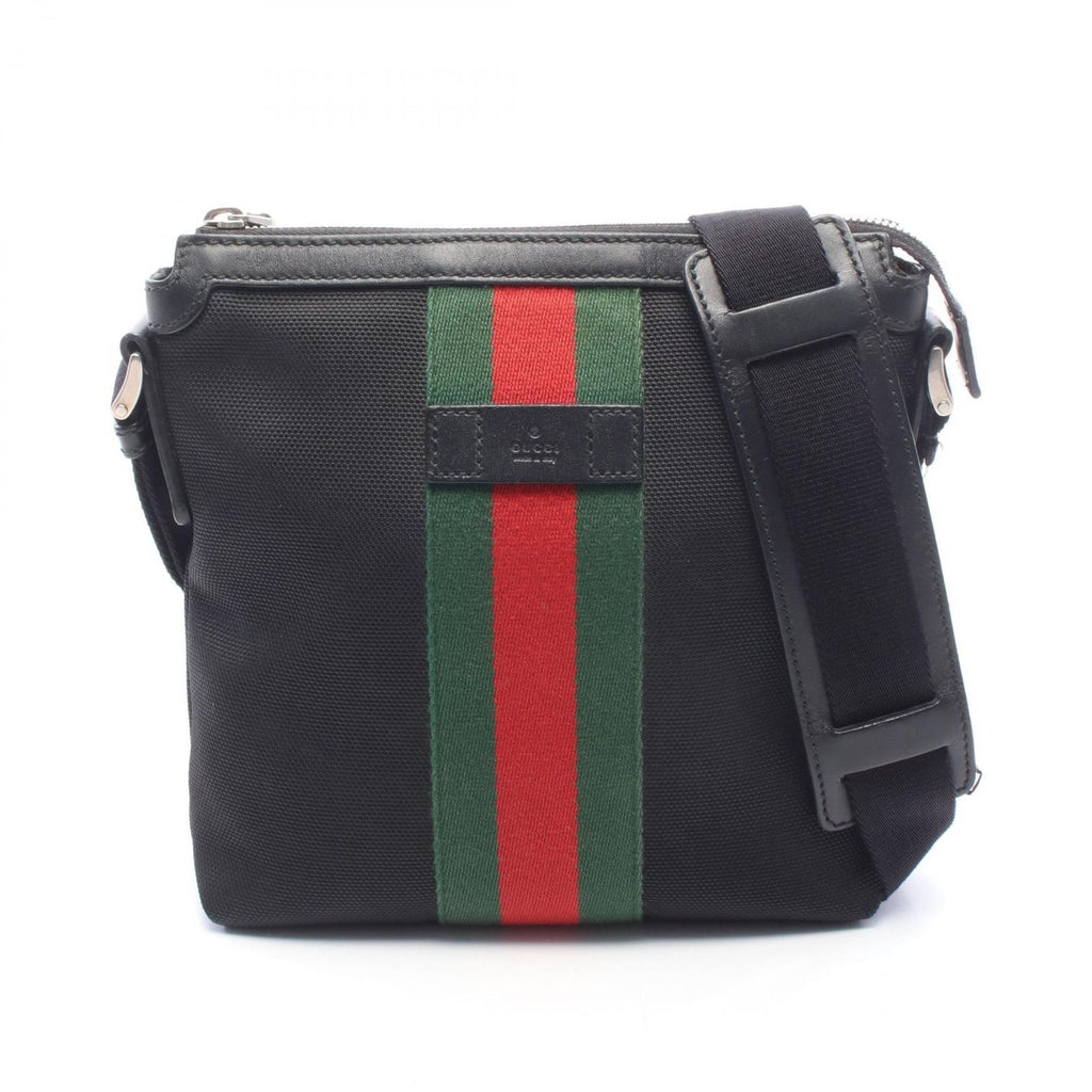 Gucci Shoulder Bag Web Stripe Flat Messenger Black Leather Sherry Line