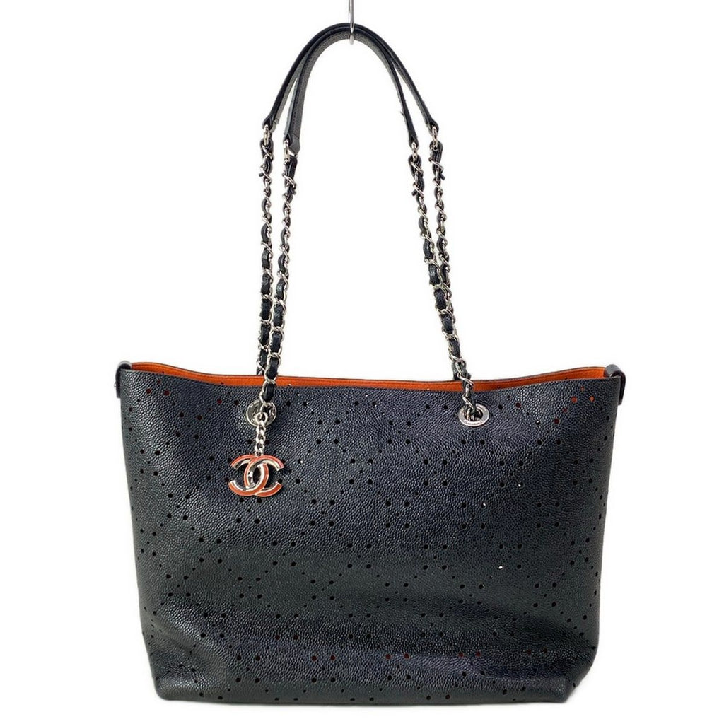 Chanel Tote Bag Black Chain Shoulder Silver Perforated