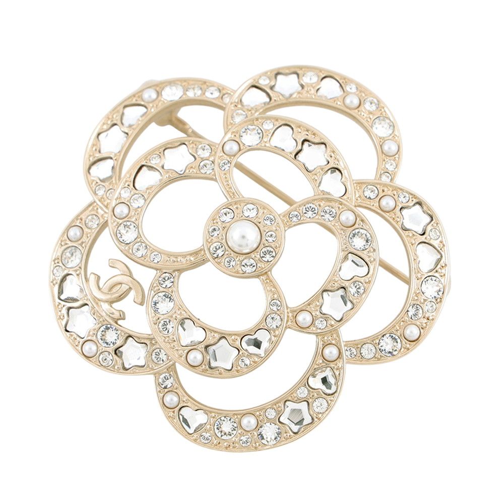 Chanel Brooch CC Logo Camellia Rhinestone Faux Pearl