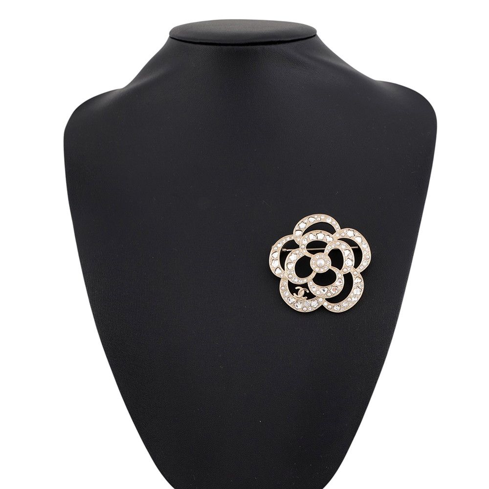 Chanel Brooch CC Logo Camellia Rhinestone Faux Pearl — view 4